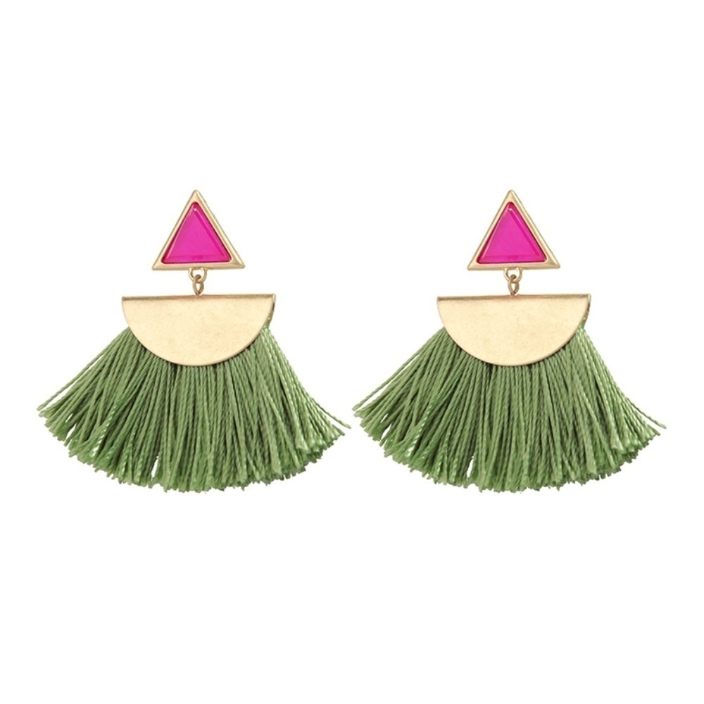 Statement Tassel Earrings – Green Fringe & Pink Triangle Design – Bold Boho